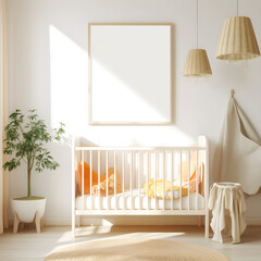 a modern nursery room with bright morning light coming through the large window, a blank poster frame on the wall for you to drop in your own artwork if desired.