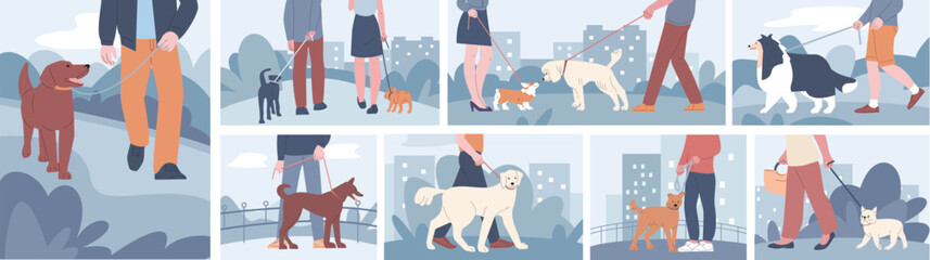 Canvas Print - People walking with dogs in urban scenes. Owner with pets walk in city and on nature. Dog walker, outdoor time people and puppy, kicky vector concept