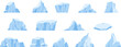 Antarctic iceberg set, arctic snow icebergs. Floating glacier, north pole mountains and rocks. Ocean glacial melting, frozen nature snugly vector set
