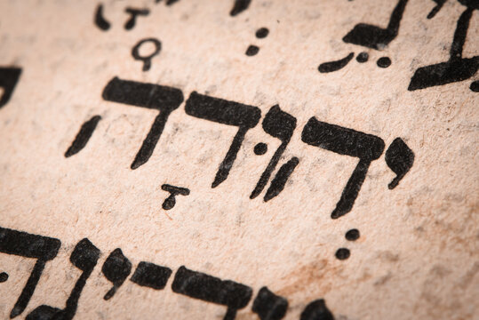 Hebrew word in Torah page. English translation is name Judah, the founder of the Israelite Tribe of Judah. Fourth of the six sons of Jacob and Leah. Selective focus. Closeup.