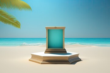 Poster - serene beach with a blue screen for customizable content. Generative AI