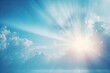sun rays shining through white fluffy clouds in a bright blue sky. Generative AI