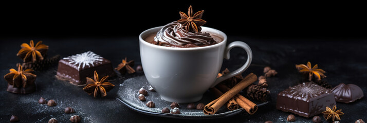 Wall Mural - Hot Chocolate Cocoa Drink with Cream Foam in Mug with Cinnamon stick on Granite Black table. Beverage in Cup. Copy space Dark background. generative ai