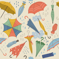 Poster - umbrellas pattern. seasonal tools umbrellas from rain recent vector seamless background