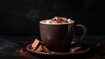 Wall Mural - Hot Chocolate Cocoa Drink with Cream Foam in Mug with Cinnamon stick on Granite Black table. Beverage in Cup. Copy space Dark background. generative ai