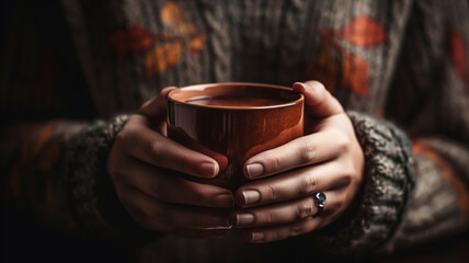 Wall Mural - Woman hands Holding Cocoa Hot Chocolate Mug. Female in Sweater Holding Cup with tasty sweet beverage. Black Background. generative ai