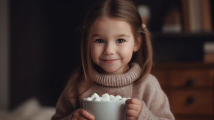 Wall Mural - Cute Little Girl Drinking Cocoa Hot Chocolate with Marshmallows. Child Holding Cup with tasty sweet beverage. Black Background. generative ai