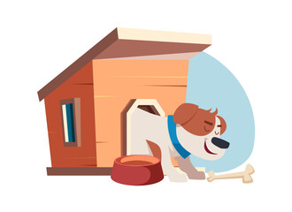 Sticker - Doghouse. happy dog eating tasty bones. vector illustration