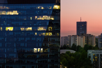 Fototapete - Aerial panorama of Warsaw city during sunset.