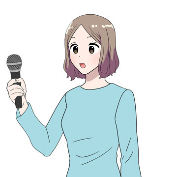 マイクを持って話す真ん中分けボブの女性　驚き顔