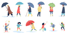 People In Autumn Rainy Day Walking With Umbrella. Adults And Funny Children Jump In Fall Puddles. Recreation On Nature, Outdoor Recent Vector Characters