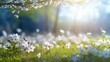 © Neural Pixels - Beautiful blurred background image of spring nature surrounded by flowering trees and flowers against a blue sky with clouds on a bright sunny day. Generative AI