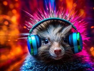 Sticker - Music dj porcupine wearing headphones and listening to music - Colorful neon background - Generative AI