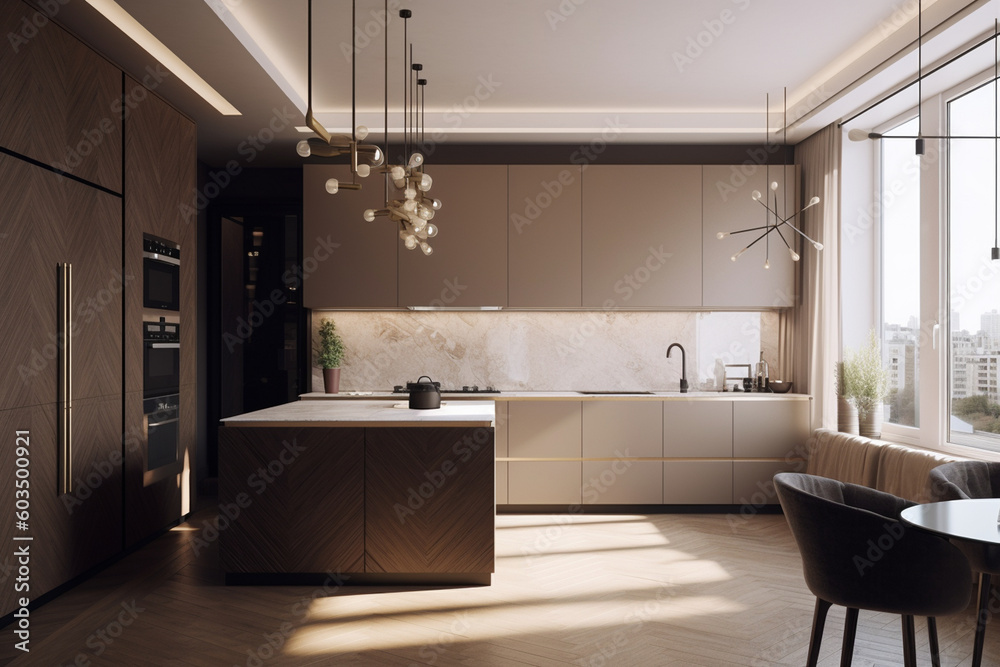 modern kitchen interior in beige color and wood, french windows created ...