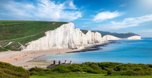 Panorama Of The Impressive Seven Sisters Chalk Cliffs During A Eraly Summer Day, Seaford, East Sussex, England