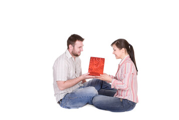 Wall Mural - happy young couple together on white background