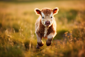 Wall Mural - baby calf running on the paddock