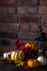 Wall Mural - Cozy home fall composition with orange munchkin pumpkins, yellow and red leaves, black candle lantern on wooden background. Decoration for halloween or thanksgiving family dinner. Dark colours