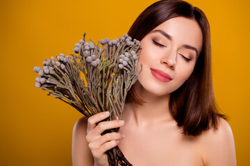 Professional studio portrait young girl touch her cheek exotic bunch dry reed flowers eyes closed enjoy fluffy bloom