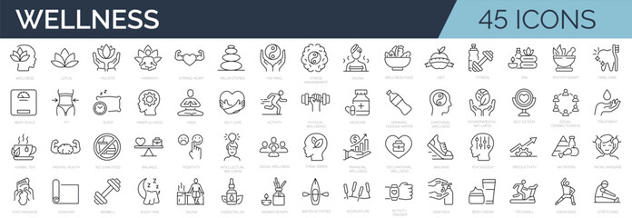 Set of 45 line icons related to wellness, wellbeing, mental health, healthcare, cosmetics, spa, medical. Outline icon collection. Editable stroke. Vector illustration