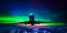 Captivating Image Of An Airplane Silhouette Against A Stunning Deep Blue Sky With Vibrant Aurora Borealis, Evoking Magical Emotions And Dreamy Travel Experiences. Generative AI