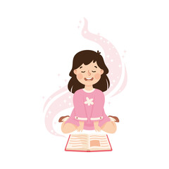 Poster - Cute Girl Sitting and Reading Open Book and Dreaming Vector Illustration