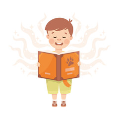 Wall Mural - Cute Boy Standing Reading Open Book and Dreaming Vector Illustration