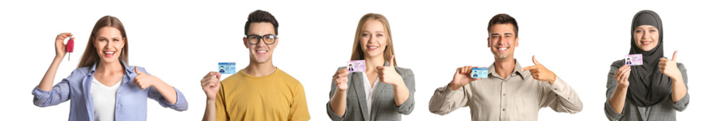 Poster - Set of happy people with driving licenses on white background