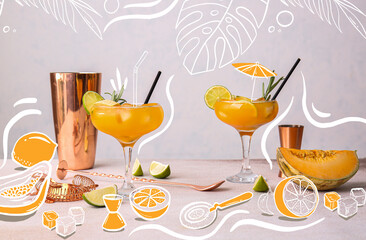 Glasses of tasty melon cocktail on light background