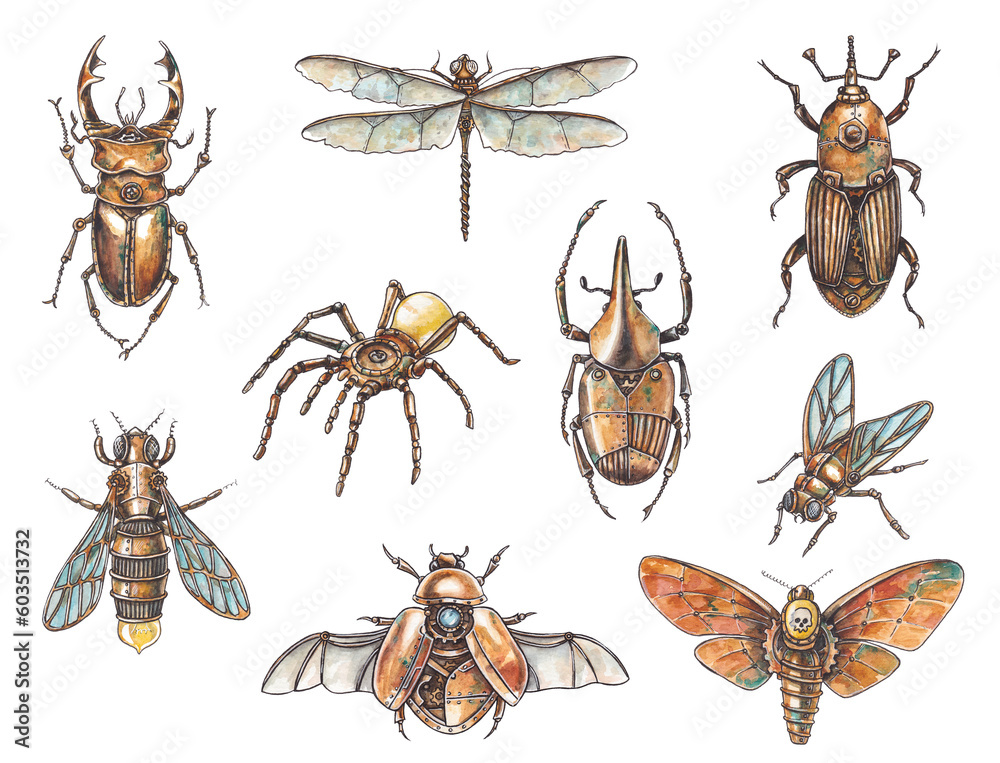 Set of steampunk insects isolated on white background. Watercolor hand ...