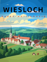 Wall Mural - Wiesloch: Retro tourism poster with an German landscape and the headline Wiesloch in Baden-Württemberg