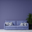 Very peri  trend coloг in the livingroom lounge. Painted blank background wall for art and cornflower blue sofa. Template modern room design. Purple lavender accent. 3d render 