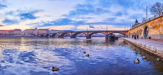 Wall Mural - Panorama of Palacky Bridge and evening Vltava with mallards, Prague, Czechia