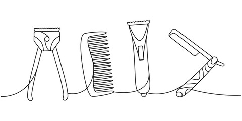 Wall Mural - Hairdresser tools one line continuous drawing. Old and electric clipper, hair comb, sharp razor blade continuous one line illustration.