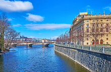 Masaryk Embankment and Legion Bridge on Vltava River, Prague, Czechia