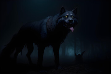 Wall Mural - Mystical wolf in dark atmosphere forest