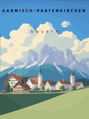 Wall Mural - Garmisch-Partenkirchen: Retro tourism poster with an German landscape and the headline Garmisch-Partenkirchen in Bayern