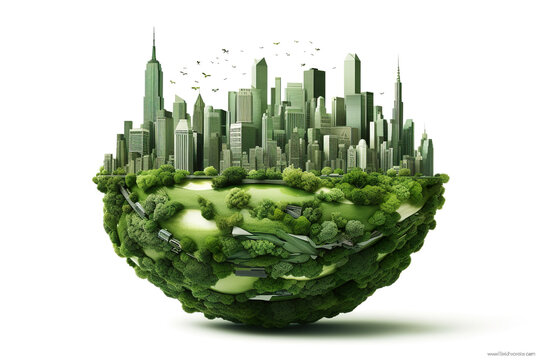 A green globe with a city in the middle of it. AI generative.