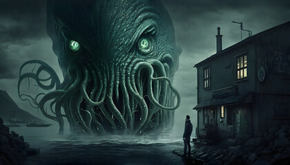 Wall Mural - Person standing in front of cthulhu tentacle monster in the style of lovecraft horror.