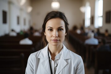 Portrait of young female doctor looking at camera while standing in church