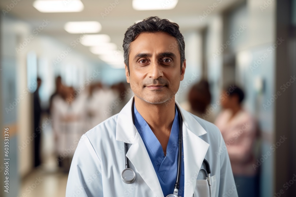 Medium shot portrait photography of a grinning doctor in his 40s ...