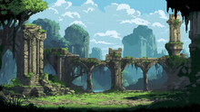 Pixel Art Game Level Background, 8 Bit, Landscape, Arcade Video Game, Pixelated Ruins Of The Ancient City, Vector