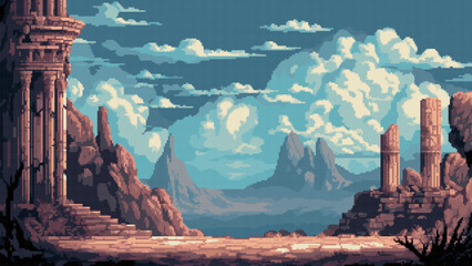 Aufkleber - pixel art game level background, 8 bit, landscape, arcade video game, pixelated ruins of the ancient city, vector