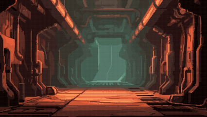 Poster - pixel art game level background, 8 bit, dungeon, underground arcade video game, catacomb, dark scene, alien ship interior, vector illustration