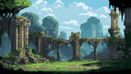 Wall Mural - pixel art game level background, 8 bit, landscape, arcade video game, pixelated ruins of the ancient city, vector