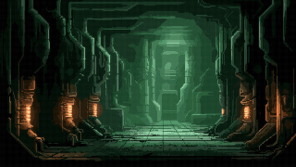 Wall Mural - pixel art game level background, 8 bit, dungeon, underground arcade video game, catacomb, dark scene, alien ship interior, vector illustration