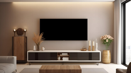 Smart TV on the cream color wall in living room,minimal design.