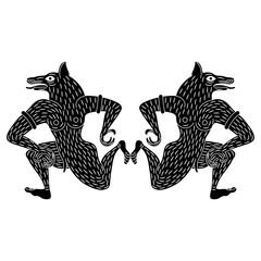 Wall Mural - Symmetrical animal design with two fantastic running wolf men. Ancient Etruscan vase painting motif. Black and white silhouette.