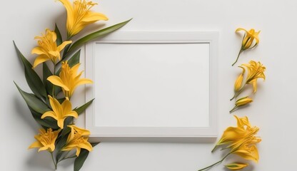 Wall Mural - Fresh yellow lily blossoms seen from above in a white picture frame. Generative AI