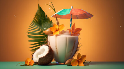 Wall Mural - Tropical coconut juice cocktail drink. 